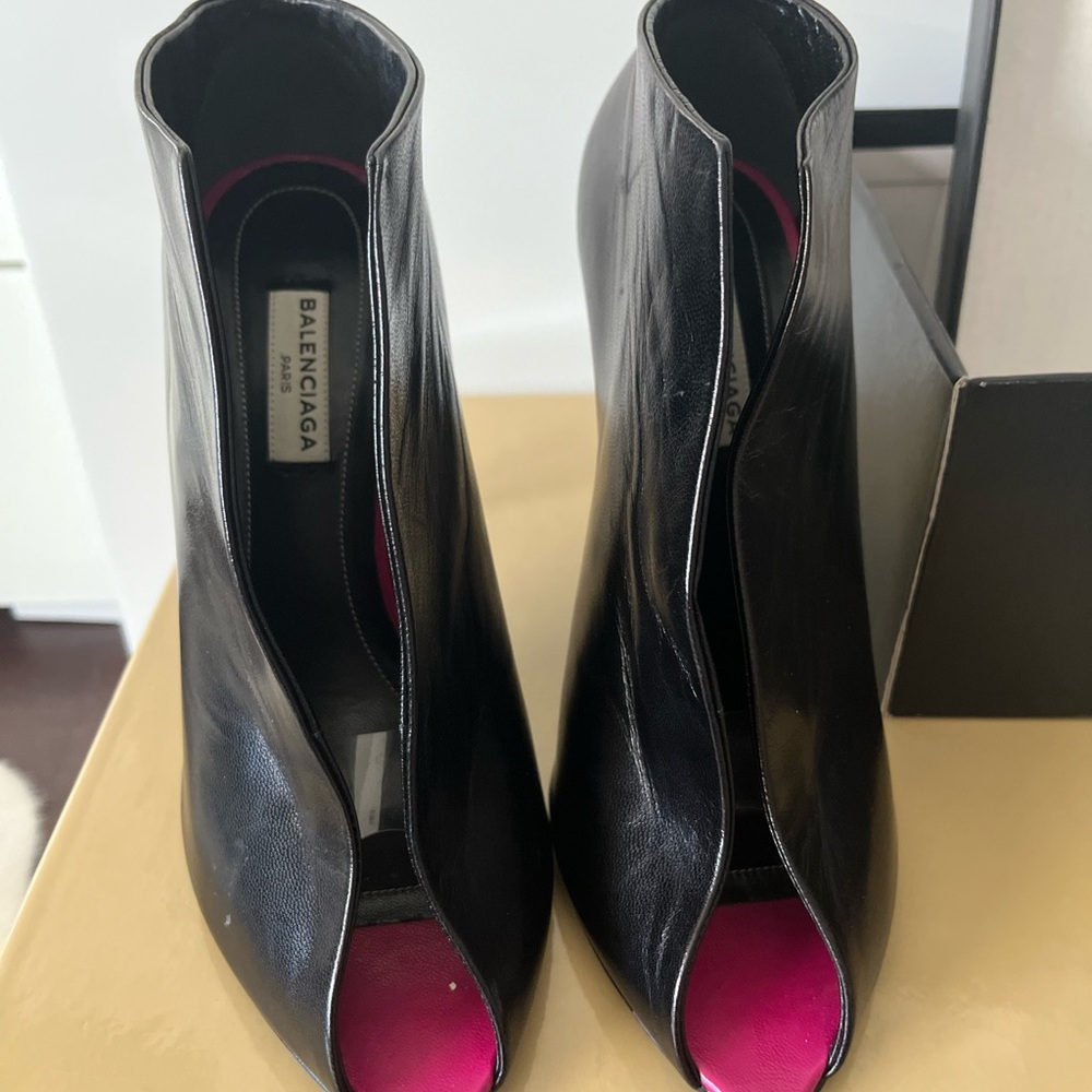 Balenciaga peep toe black leather booties.
